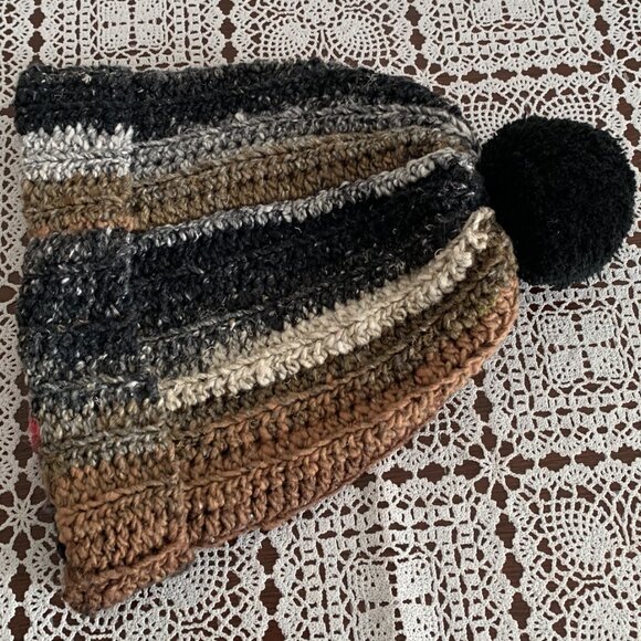 Hand Crocheted Ladies Hat Cap Beanie Black Brown Pink One Size Warm Winter Wear - Picture 3 of 4